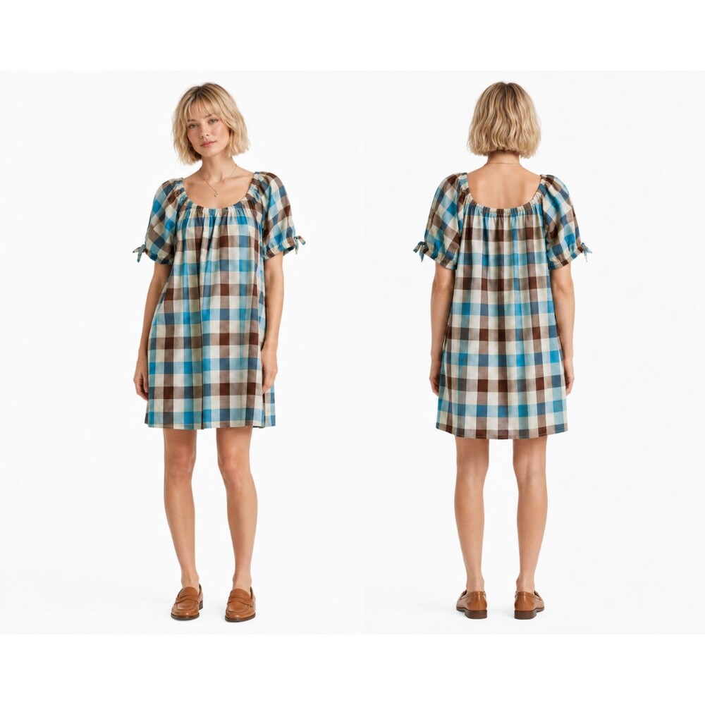 New Gigio M 8 10 Teal Brown Plaid Side Pockets Lined Oversized Cotton Dress